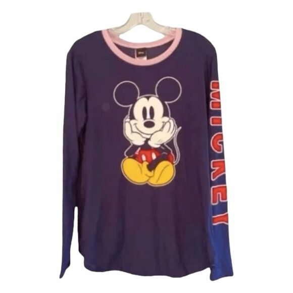 Disney Mickey Mouse Graphic Tee Blue Long Sleeve Crewneck L 11/13 Jrs - Picture 1 of 6